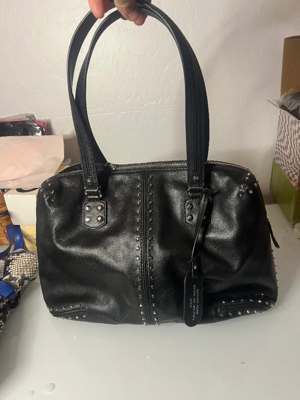 Michael Kors, black leather studded satchel Astor re-edition 2004